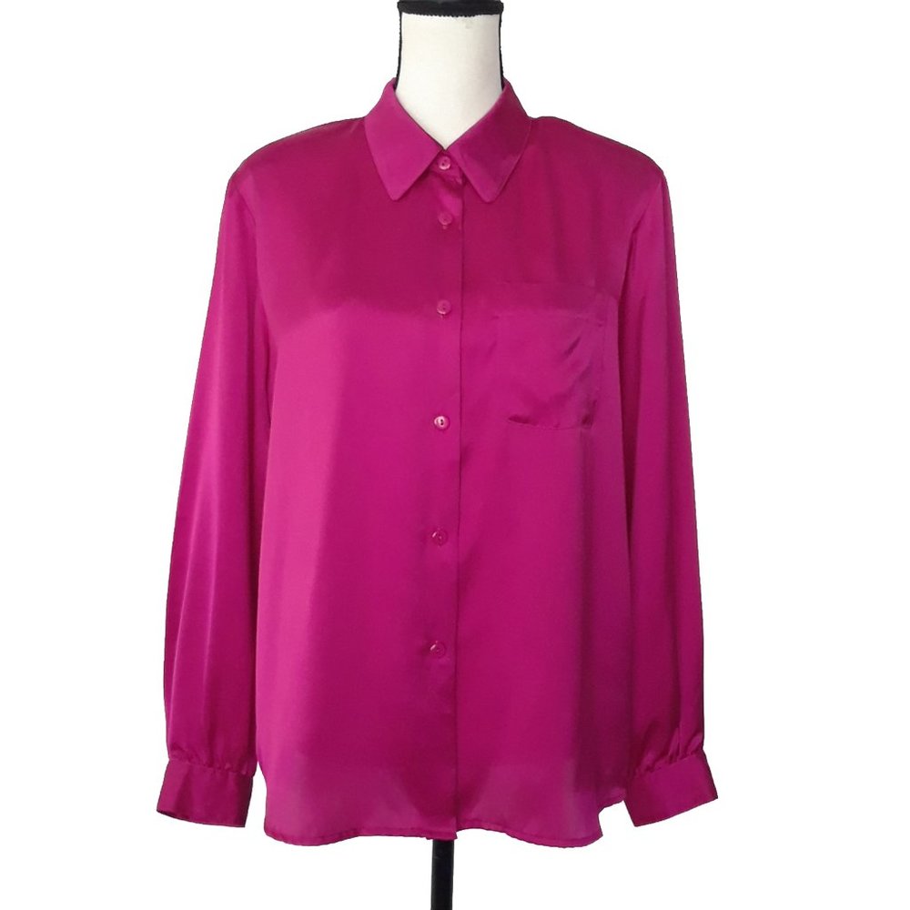 Vintage 90s Liz Claiborne Fuchsia Satin Button Down Blouse